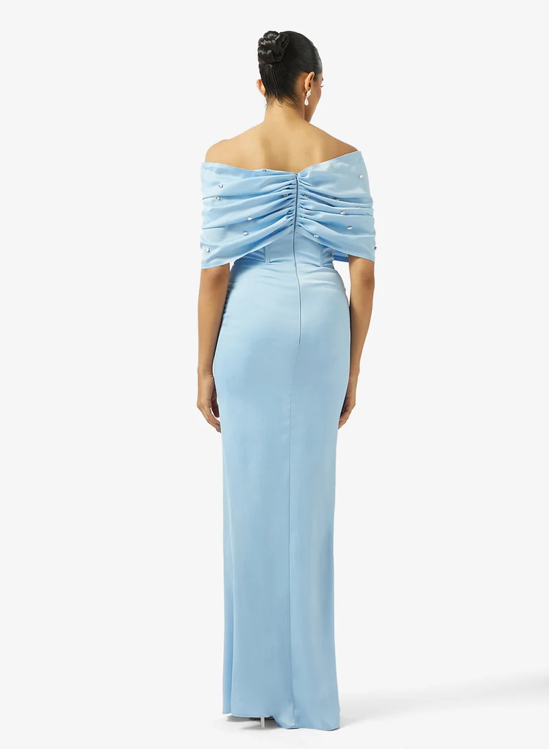 اكاديا فاشن فستان ساتان مزين بالكتف